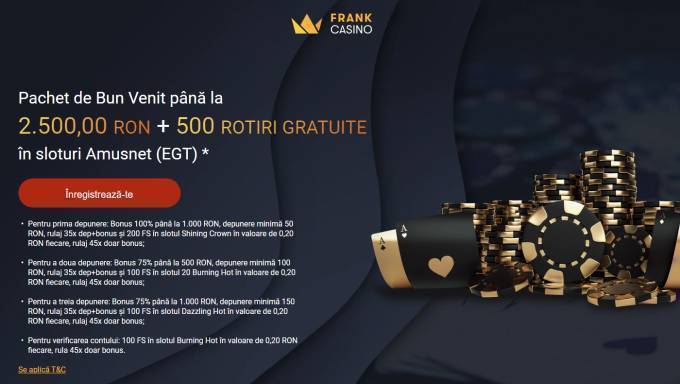 👑 Frank Casino - 2500 Bonus + 500 Rotiri Gratuite EGT👑