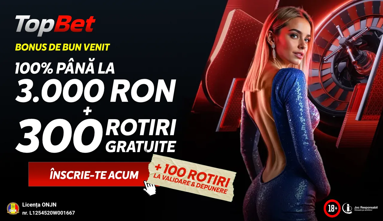 TopBet Bonus – 100% până la 3000 RON + 300 Rotiri Gratuite